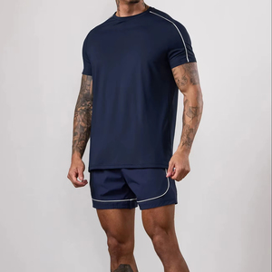 Wholesale Custom Logo <b>Navy</b> Men's T-Shirt & Shorts <b>Set</b> With Piping Breathable Fabric 2 Pieces Summer <b>Sets</b> <b>Gym</b> Wortout <b>Set</b> For Men - Product Image 1