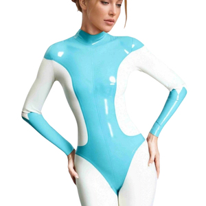 Women's Blue White Color Block Full Length <b>Jumpsuit</b> Long Sleeve Turtleneck High Waist Spandex Nylon Swimwear Clubwear - Product Image 5