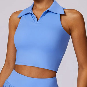 High Stretchy <b>Polo</b> Collar T-Shirt <b>Ladies</b> Crop Top Sleeveless Breathable Training Outdoor Running Custom Color Crop Tee - Product Image 4