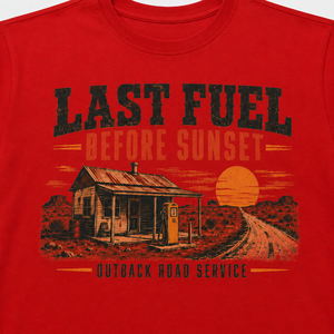 <b>Red</b> Short Sleeve Front Print T-Shirt Last Fuel Sunset Outback Road Service Desert Retro Design Crew Neck Men's 100% Cotton - Product Image 5