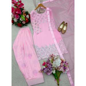 Conjunto de Top, Pantalón y Dupatta Rosa para Mujer con Bordado Intenso y Lentejuelas, Talla L - Product Image 4