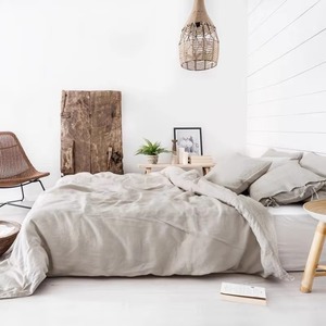 Parure de lit moderne en lin beige uni, respirante et à volants, pour la maison - Product Image 1
