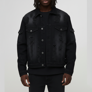 Blouson Bomber en Jean Homme Personnalisé OEM avec Logo Vintage sur le Devant, Respirant, Imperméable, Doublure en Laine, Hiver, Effet Vieilli et Trous Déchirés, Noir - Product Image 6