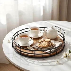 Wood & Iron Round Serving <b>Tray</b> for <b>Tea</b> Coffee Snacks Breakfast Decorative <b>Tray</b> for Dining Table Kitchen Counter Living Room - Product Image 2