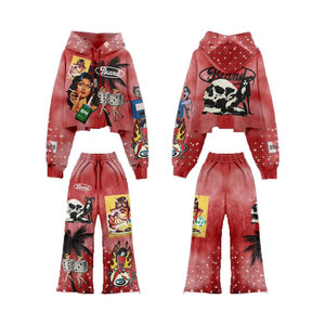 ชุดเซ็ตเสื้อฮู้ดดี้และกางเกงขายาวทรงครอปผ้าเฟรนช์เทอร์รี่สไตล์วินเทจแบบย้อมสีเอซิด แต่งดีเทลขาดๆ ประดับคริสตัล ผลิตโดย Manufacturer Streetwear - Product Image 1