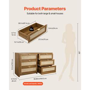 Modern 6-Drawer Double <b>Dresser</b> Natural <b>Rattan</b> Chest Walnut Bedroom Organizer Storage Living Room Hallway Furniture Metal Handle - Product Image 3