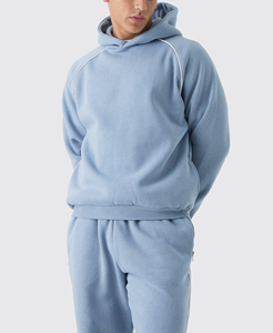 Men Light Blue Hooded Drawstring Solid Tracksuit Set Full Length Polyester Sweatshirt Pants with Side Pockets Casual Autumn Wear - Product Image 2