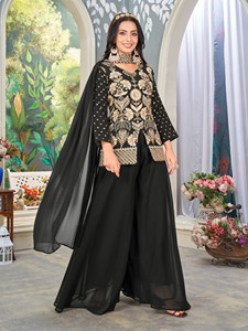 Traje Plazzo Negro con Bordado Intenso en Faux Georgette para Bodas Modernas, Diwali y Otras Ocasiones - Product Image 4