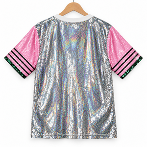 T-shirt de club à manches courtes en jersey, col rond, épaules tombantes, imprimé numérique, paillettes brillantes contrastées, pour la sororité - Product Image 5