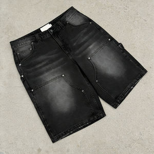 Shorts de mezclilla selvedge de 12 oz estilo Y2K, lavado vintage, dobladillo sin rematar, por encima de la rodilla, corte retro holgado, fabricante OEM, mezclilla negra. - Product Image 6