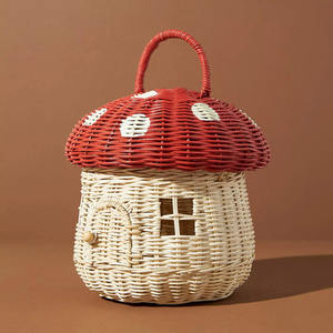 Bolsa de almacenamiento de juguetes de mimbre roja con forma de casa de hongos para niños, bolsos de mano tejidos a mano con dibujos animados, bolsas de almuerzo infantiles - Product Image 1