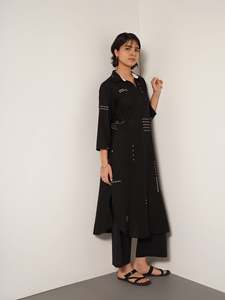Black Maxi <b>Shirt</b> Dress With Dot Pattern Three Quarter Sleeve <b>Mandarin</b> <b>Collar</b> Woven Fabric Casual Daily Wear - Product Image 4