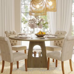 Tavolo da Pranzo Rotondo Stile Fattoria da 47 Pollici con Piano in Legno e Base con Vano Portaoggetti per Cucina o Sala da Pranzo - Product Image 2