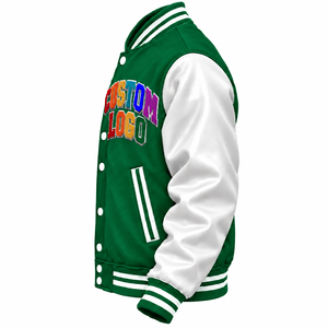 Custom Logo Varsity <b>Jacket</b> <b>Men</b> Green <b>White</b> Embroidered Letter Front Design Regular Fit Autumn Wear Preppy Style - Product Image 4