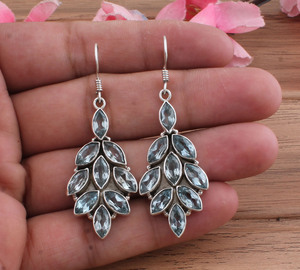 Boucles d'oreilles pendantes en topaze bleue naturelle, argent sterling 925, bijoux de luxe pour femmes, vente en gros - Product Image 1