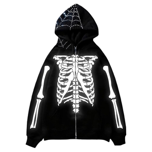 OEM <b>Rhinestone</b> Skeleton Ribcage Hoodie Spider Web 3D <b>Rhinestone</b> Gothic Grunge Harajuku Streetwear Diamond Stud Zipper <b>Jacket</b> - Product Image 2