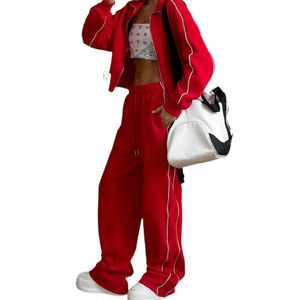 Women Green Tracksuit Set <b>Zip</b>-up Jacket Drawstring Wide Leg Pants Sporty Solid Color Knitted Cotton Spandex Autumn Wear - Product Image 3