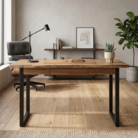 Bureau d'écriture moderne avec plateau en teck massif à bord naturel, 1 tiroir et pieds en métal pour appartement, salon et hôtel