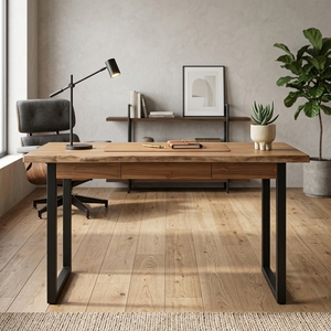 Escritorio Moderno con Superficie de Teca Sólida, Mesa Consola con Borde Natural, 1 Cajón y Patas Metálicas para Apartamento - Product Image 6