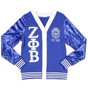 Cardigan à manches à sequins Zeta Phi Beta bleu roi pour femme, pull à lettres grecques, vêtement de sororité boutonné, vêtement d'extérieur en tricot tendance - Product Image 1