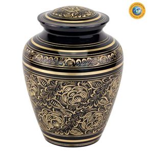 Urna Funeraria Negra Linea Exports con Diseño Floral Dorado para Cenizas de Adultos, Personalizable - Product Image 1