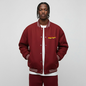 <b>Men's</b> Maroon Varsity <b>Jacket</b> With Embroidered Flame Logo Casual Autumn Wear Regular Fit Turn-down Collar Single Breasted Design - Product Image 1