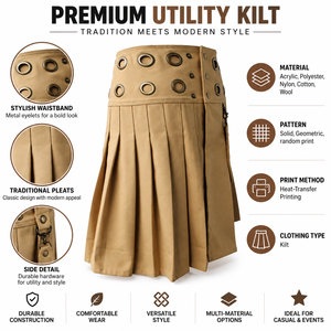 Kilt Utilitario Premium para Hombre, Color Beige Sólido con Ojales Metálicos, Pliegues Tradicionales, Corte Regular, Estilo Europeo - Product Image 1