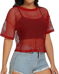 Camiseta de malla transparente sexy de moda, personalizable, informal, holgada, de encaje tejido, para mujer, camiseta de verano para la playa - Product Image 4