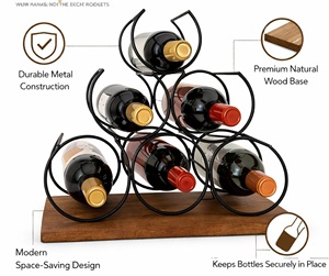 Porte-bouteilles en métal vintage avec base en bois |   Support à vin à trois niveaux pour comptoir, cuisine, bar ou table à manger - Product Image 4