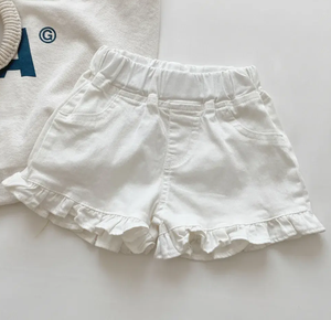 Shorts Bermuda Blancs à Volants pour Filles, Taille Haute Décontractée avec Élastique et Poches, Couleur Unie, en Coton Tissé - Product Image 2