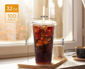 Gobelets en plastique transparent biodégradables et écologiques de 32 oz avec couvercles et pailles, jetables, anti-fuite, pour café glacé, boissons froides, smoothies - Product Image 6