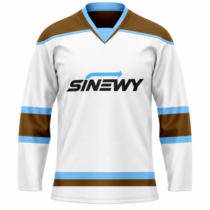 Maillot de hockey sur glace pour homme SINEWY, col en V, pull imprimé 3D, manches longues, blanc, bleu, marron, rayé, polyester respirant, sport - Product Image 2