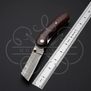 Cuchillo de bolsillo de acero de Damasco hecho a mano con mango de madera dura y funda de cuero, listo para la aventura, hoja plegable. - Product Image 6