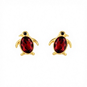 Garnet <b>Penguin</b> Stud 925 Sterling Silver Gold Plated Handmade Dainty <b>Earrings</b> January Birthstone Jewelry - Product Image 1