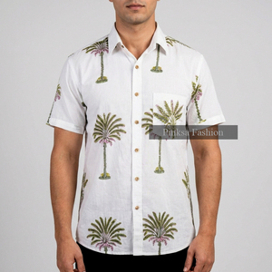 Chemise à manches courtes pour homme en coton 100% Sanganeri, imprimé à la main, écologique, séchage rapide, motif palmier tropical, été - Product Image 5