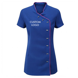 Tunique d'uniforme de spa personnalisée 2026 pour femme, haut de travail pour thérapeute de salon de beauté, manches courtes, col mandarin, bleu roi, passepoil rose - Product Image 1