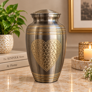 Urne funéraire en métal Love Crest avec motif cœur en relief, finition argent satiné et or, vase décoratif commémoratif avec couvercle - Product Image 1