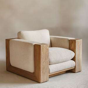 Chunky Solid Teak <b>Wood</b> Frame Lounge <b>Armchair</b> Architectural Block Base Textured Woven Single Sofa for Luxury Hotels - Product Image 1