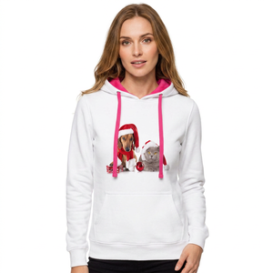 Felpa Invernale da Donna Bianca Vintage con Cappuccio, Stampa Natalizia Cani e <span class=keywords><strong>Gatti</strong></span>, Cordoncini Rosa, 100% Cotone Lavorato a Maglia, Anti-restringimento - Product Image 1