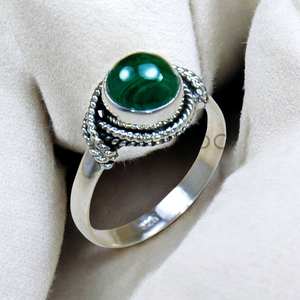 Bague en argent sterling 925 avec pierre précieuse naturelle malachite taille brillant rond, sertie clos, tendance 2026, pour femme, idéale pour les soirées cocktail - Product Image 1