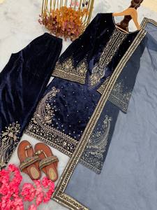 Ensemble Salwar Kameez Traditionnel Indien et Pakistanais pour Femme, Bleu Marine, Brodé, en Coton, Coupe Ample, Longueur Cheville, Tenue Décontractée - Product Image 4