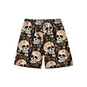 <b>Skull</b> Floral Print Bermuda Shorts Elastic Waist Casual Summer Board Shorts Digital Printing Polyester Fabric - Product Image 1
