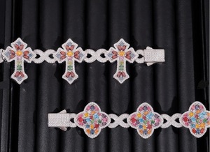 Luxury silver multicolor stone bracelet set with flower and cross design iced out jewelry <b>for</b> <b>men</b> and women - Product Image 1