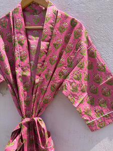 Bata Kimono Rosa de Algodón para Mujer, Albornoz Floral Hecho a Mano con Estampado de Bloques, Ropa de Dormir, Regalo - Product Image 5