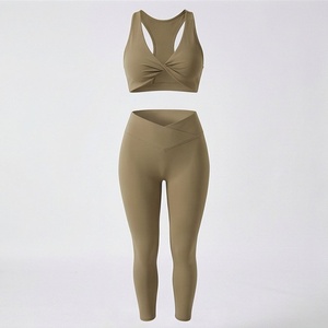 <b>Women</b> <b>Khaki</b> Racerback Yoga Set 2 Piece Twist Front Crop Top High Waist Leggings - Product Image 1