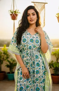 Vestido Kaftán de Algodón con Estampado Floral Hecho a Mano, Estilo Bohemio con Cuello en V, Corte Holgado, Ideal para Vacaciones y Playa - Product Image 5