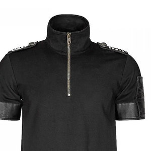 <b>Men's</b> Modern Gothic Shirt Top Selling High Neck Half-Zip Cotton T-Shirt with Faux Leather Trim Outfit - Product Image 4