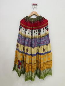 Boho Patchwork Silk <b>Skirt</b>, Women Handmade <b>Skirt</b>, Indian Silk Maxi Tiered <b>Skirt</b>, <b>Elastic</b> <b>Waist</b> <b>Skirt</b>, Sari Silk <b>Skirt</b> - Product Image 3