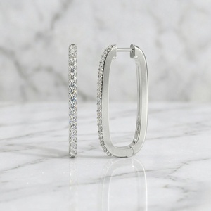 1.00CTW Round Cut Diamond Pave Set Elongated Hoop Earrings in <b>Solid</b> <b>Gold</b> for Women Elegant Oval Shape Hinged <b>Huggie</b> Jewelry Gift - Product Image 2