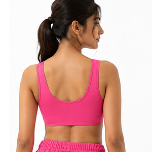 Women's Pink Racerback Sports Bra Scoop Neck Medium Support Breathable Seamless Fitness Top Solid Color Front Logo - Product Image 4